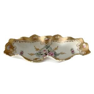 VINTAGE ROYAL CROWN Hand Painted Gold Rose Pattern Candy Dish Gold Trim 11" EUC